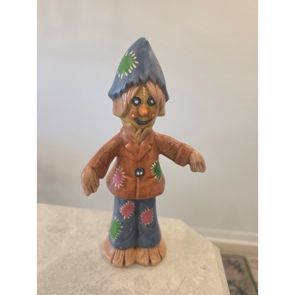 Vintage Ceramic Scarecrow Figurine Hand Painted Fall Harvest Decor 8.5 Inch